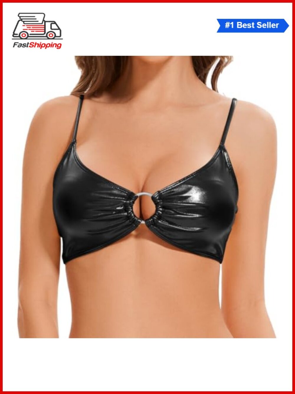 ✨ Metallic Bralette Bikini Top with Metal Ring Rave Festival Party